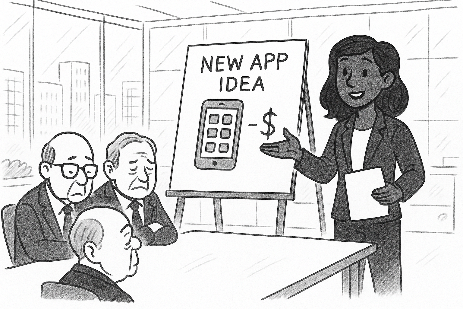 Pencil drawing of an employee pitching a group of people their app idea