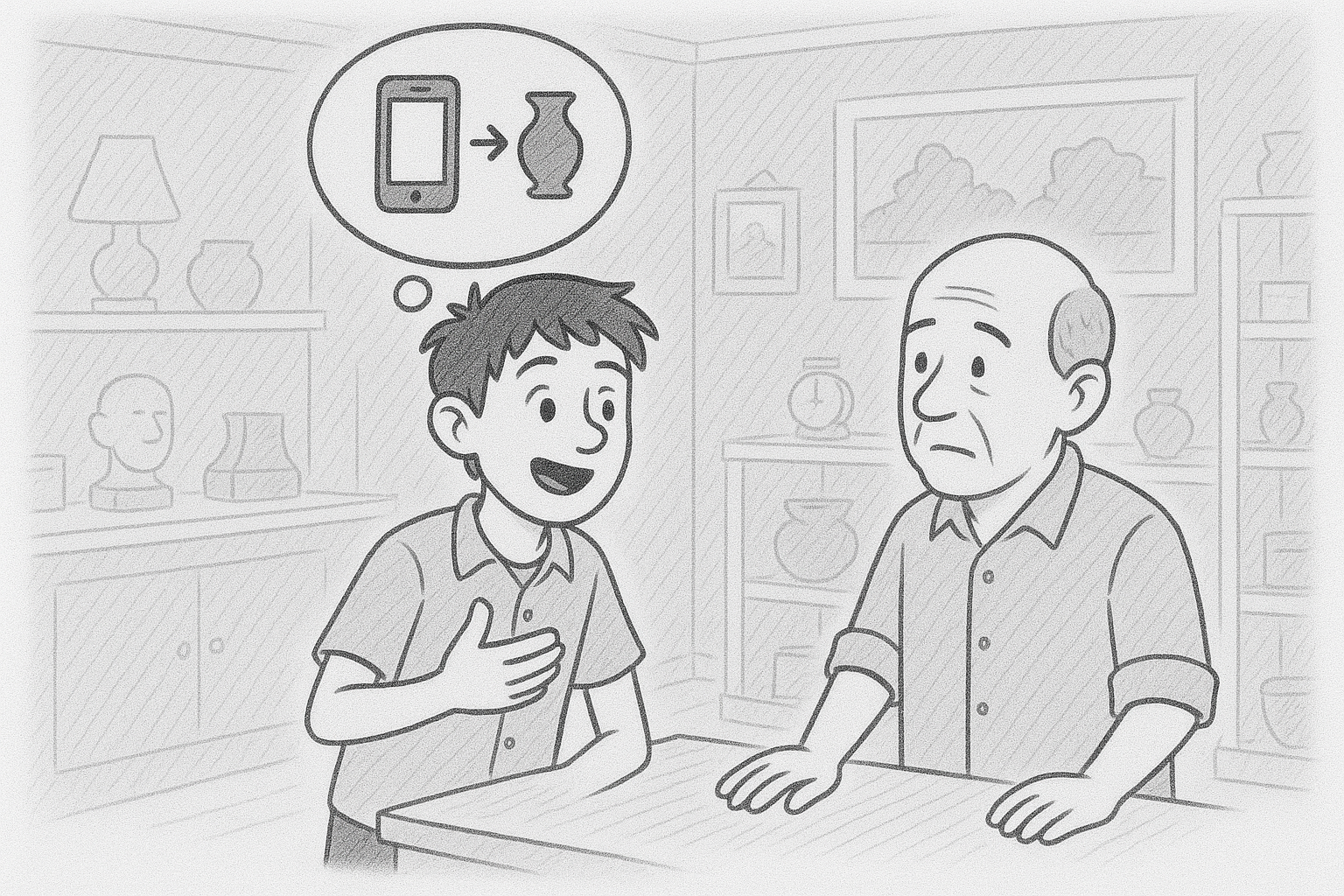 Pencil drawing of a solo founder talking about their app idea